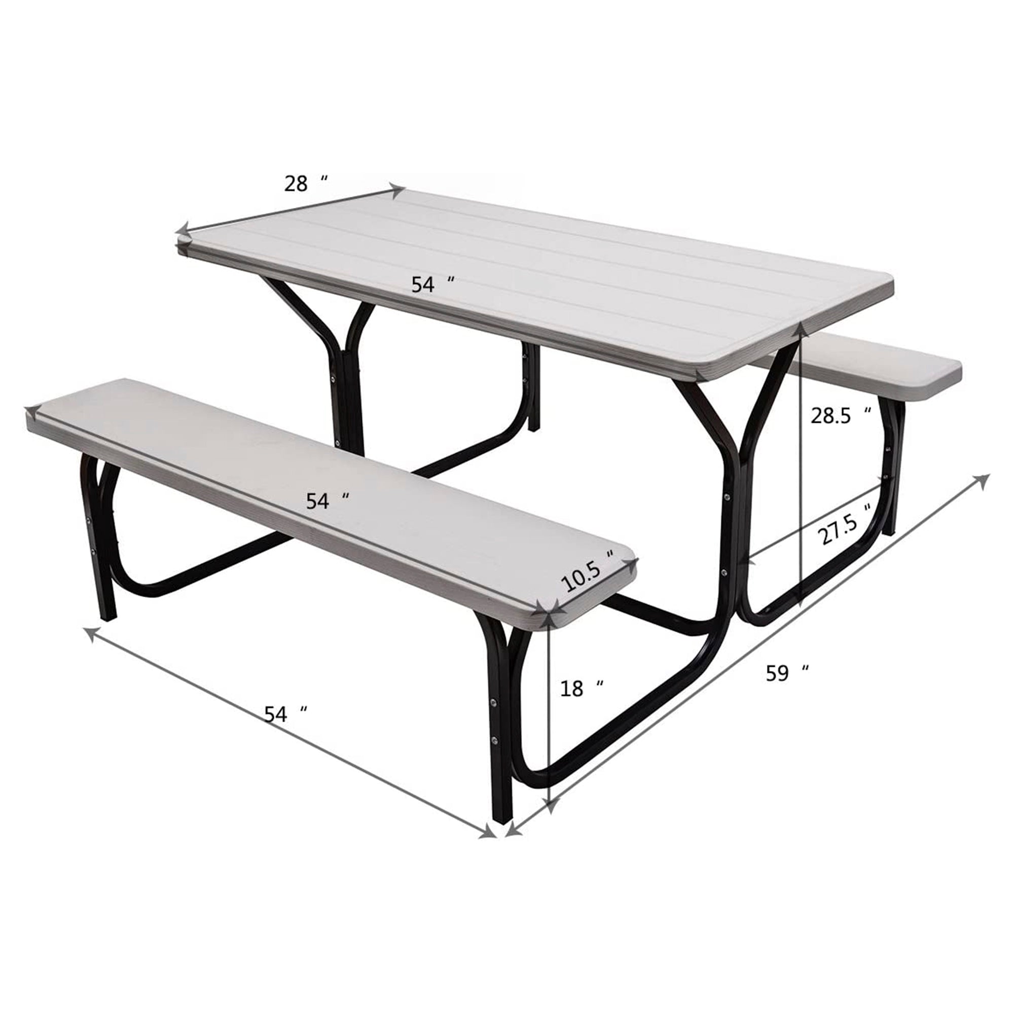 White All-Weather Metal Outdoor Picnic Table Bench Set with Metal Base Wood