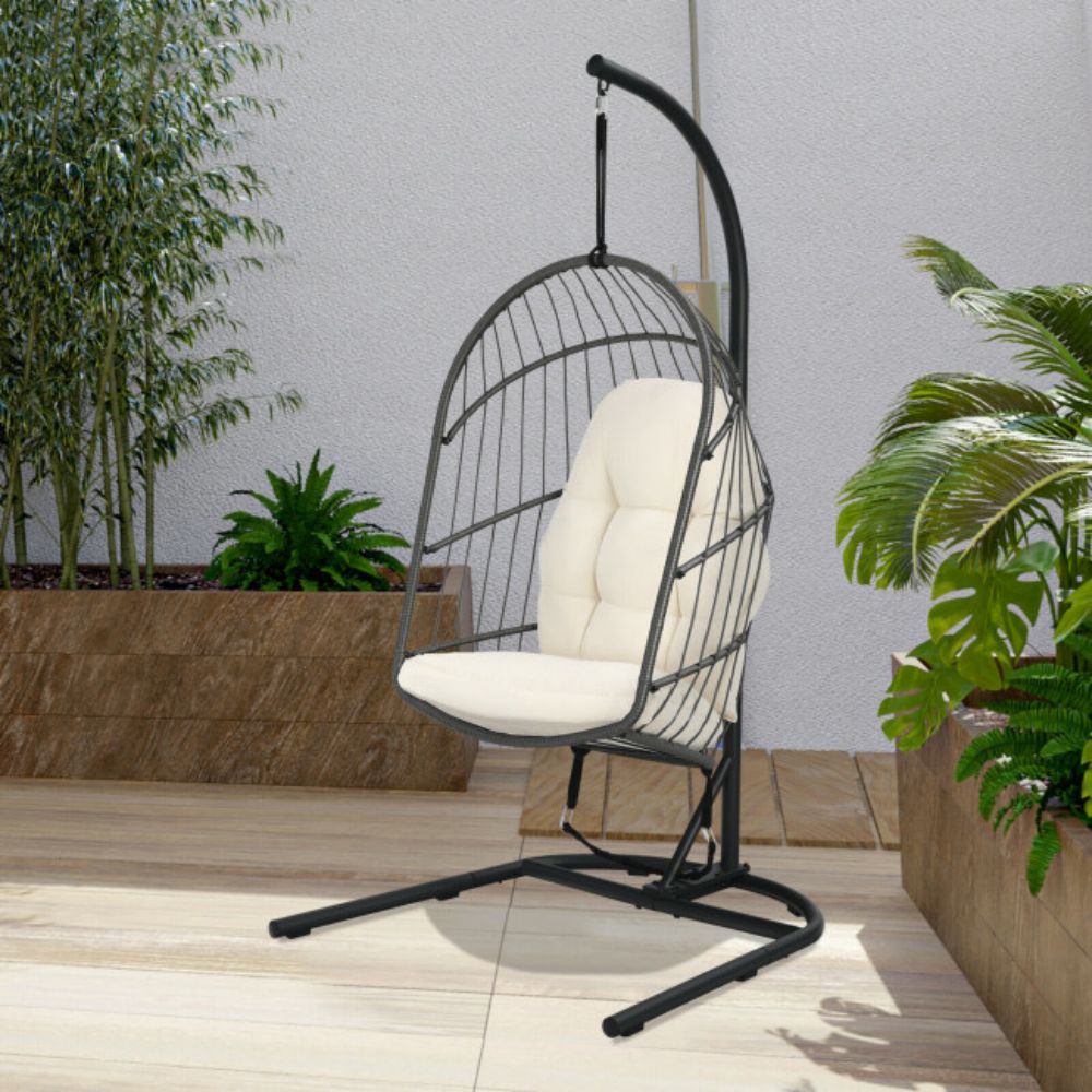 Wicker Hanging Patio Swing Egg Chair with Stand and Cushion