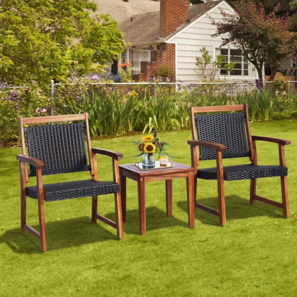 3-Piece Acacia Wood Rattan Outdoor Bistro Patio Conversation Set