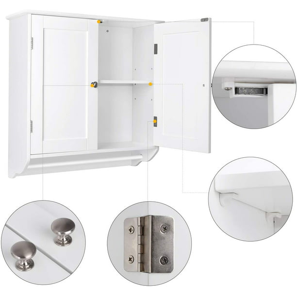 SUGIFT Bathroom Wall Cabinet, 23.6'' W over The Toilet Storage Cabinet with Double Door Cupboard and Adjustable Shelf and Towels Bar, White
