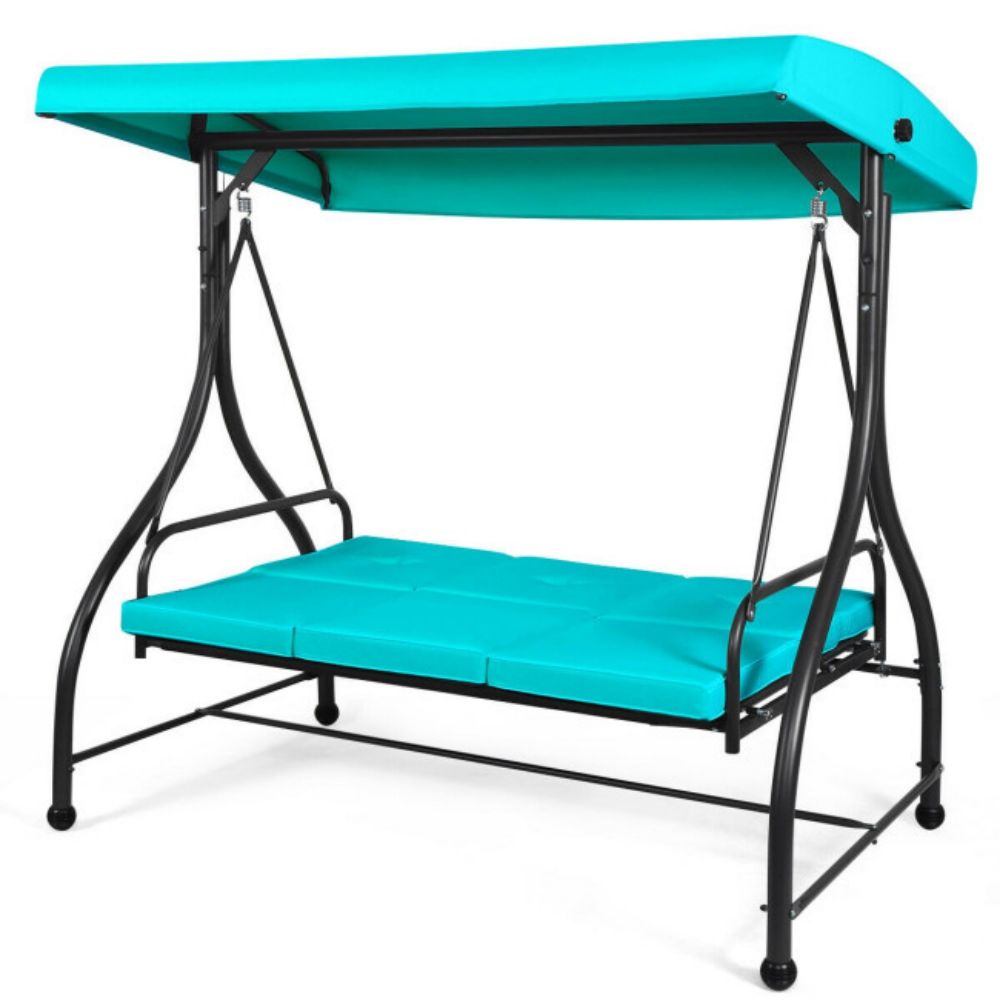 3-Person Black Metal Patio Swing with Turquoise Cushion