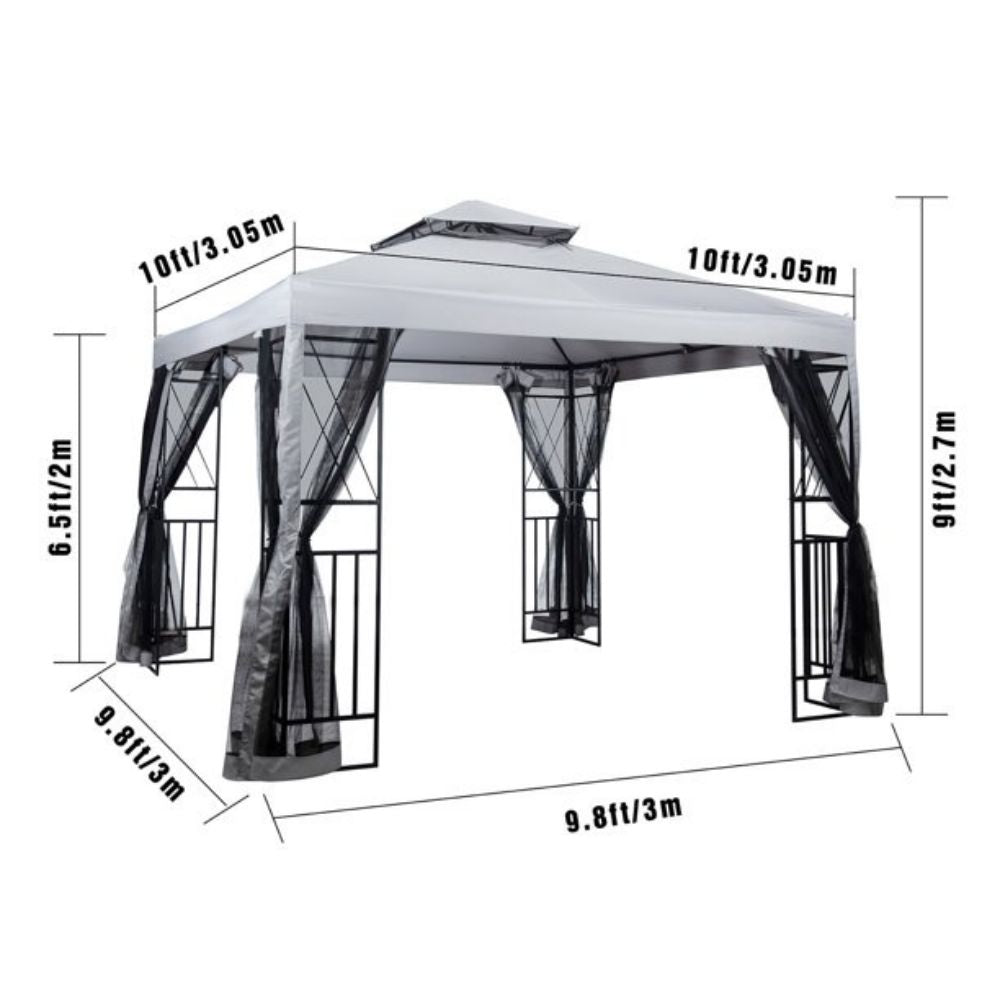 10 ft. x 10 ft. Light Gray Patio Gazebo with Mosquito Net and Corner Shelves