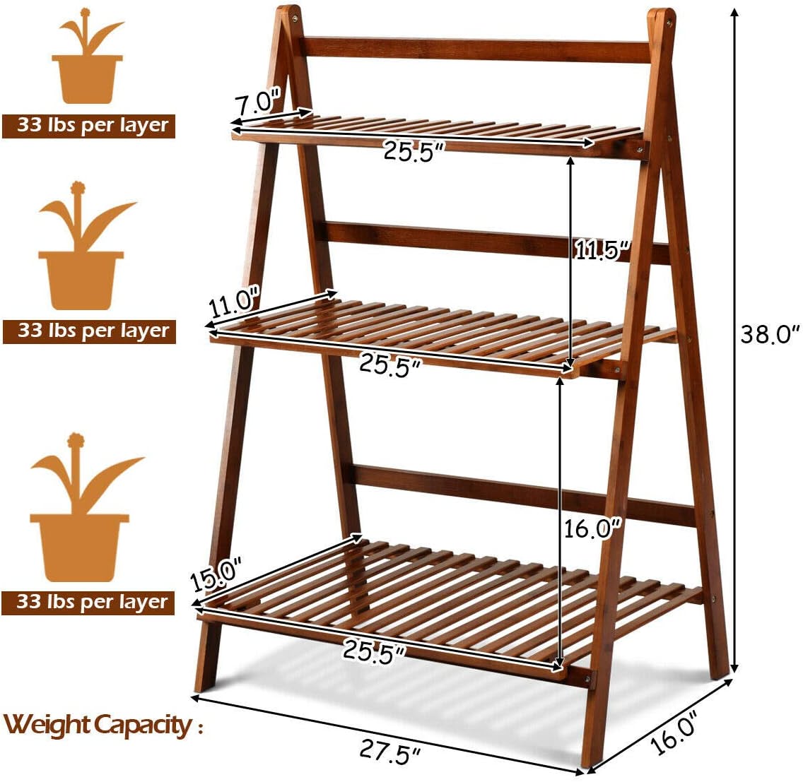 3-Tier Indoor/Outdoor Garden Bamboo Wood Folding Flower Shelf