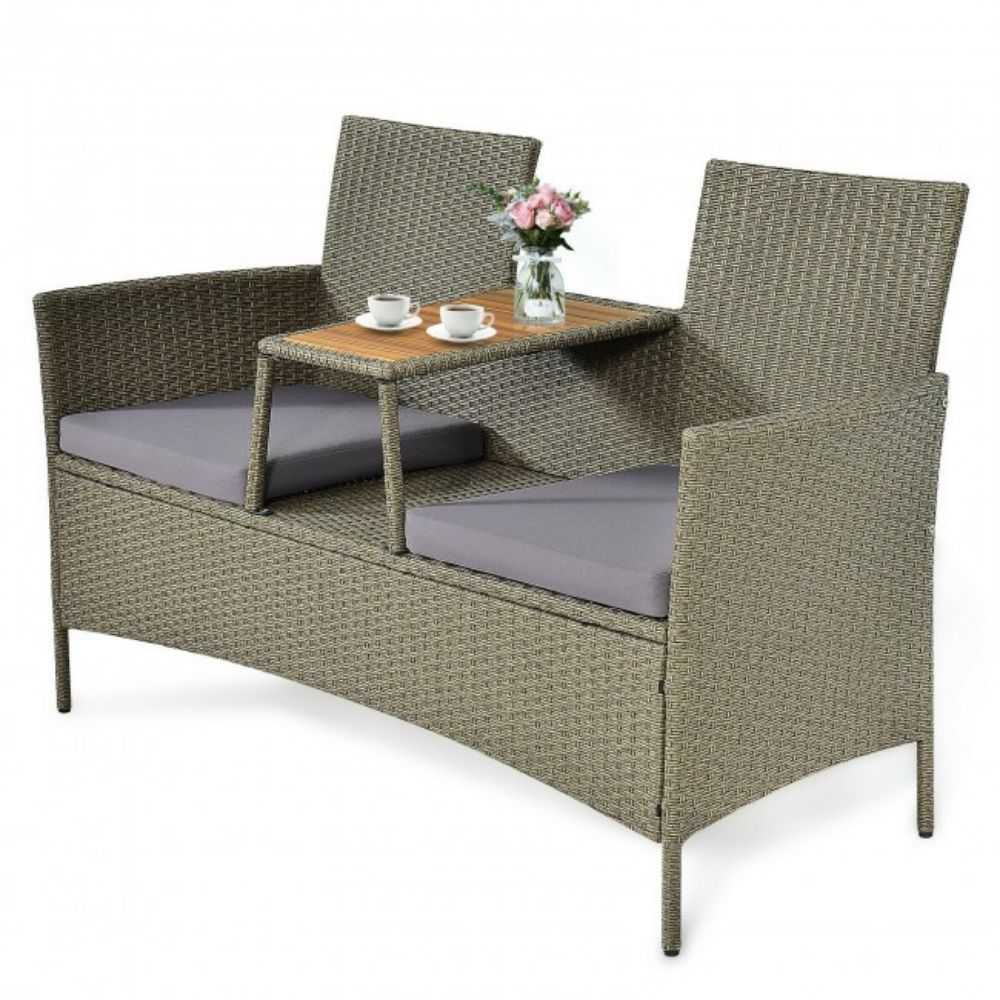 1-Piece Patio Rattan Wicker Conversation Furniture Set with Coffee Table and Purple Cushions