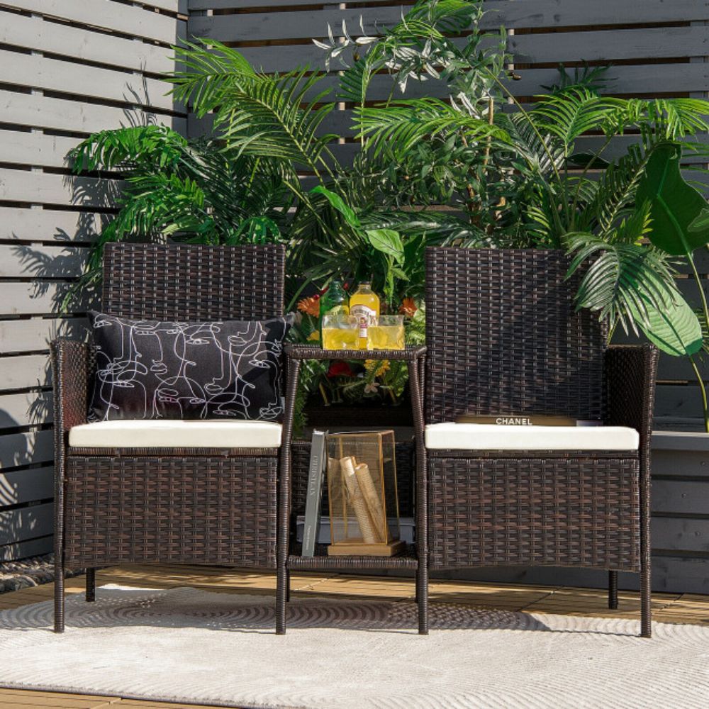 1-Piece Rattan Wicker Patio Conversation Loveseat Set with White Cushions and Glass Table