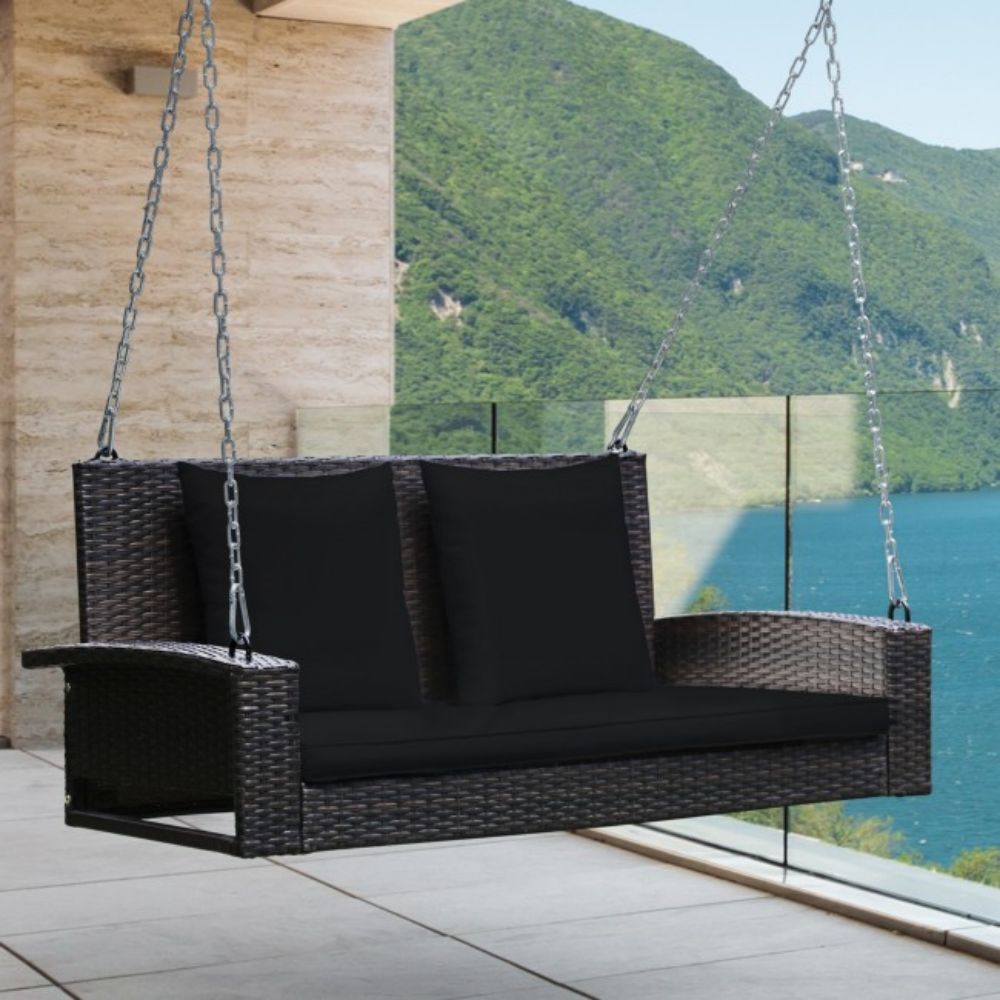 2-Person Brown Wicker Patio Porch Swing with Black Cushions