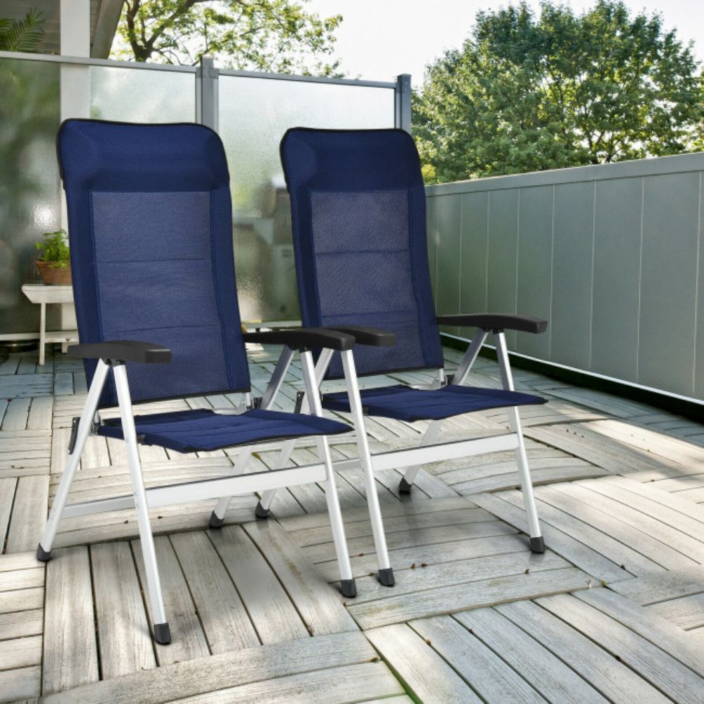 2-Piece Folding Aluminum Outdoor Dining Chair in Navy with Adjust Portable Headrest