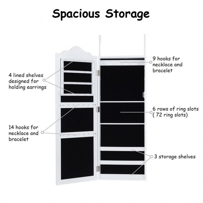 SUGIFT Wall Mounted Mirrored Jewelry Armoire Storage Organizer,White