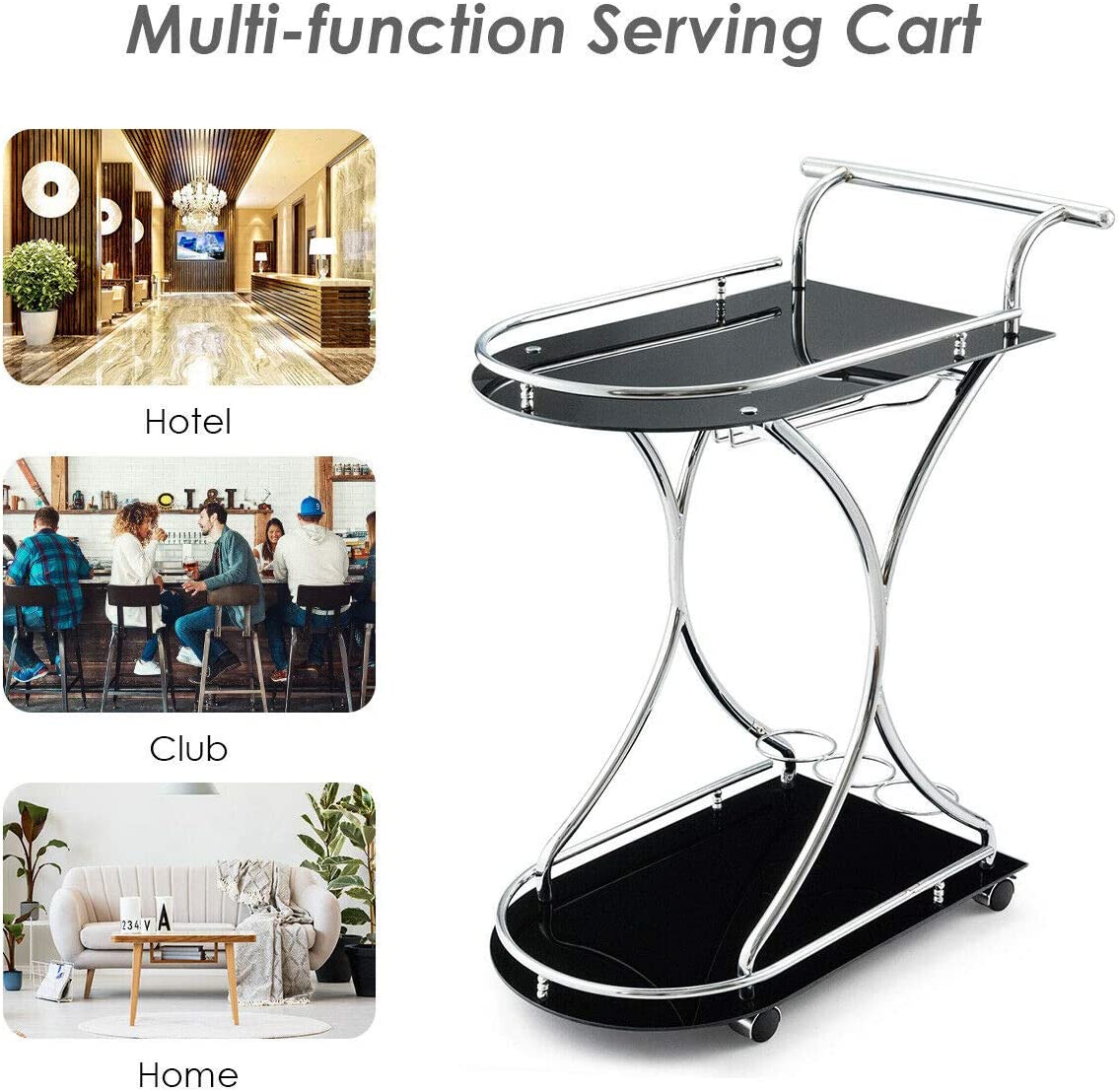 Black Glass Serving Kitchen Cart with 2-Tempered Glass Shelves