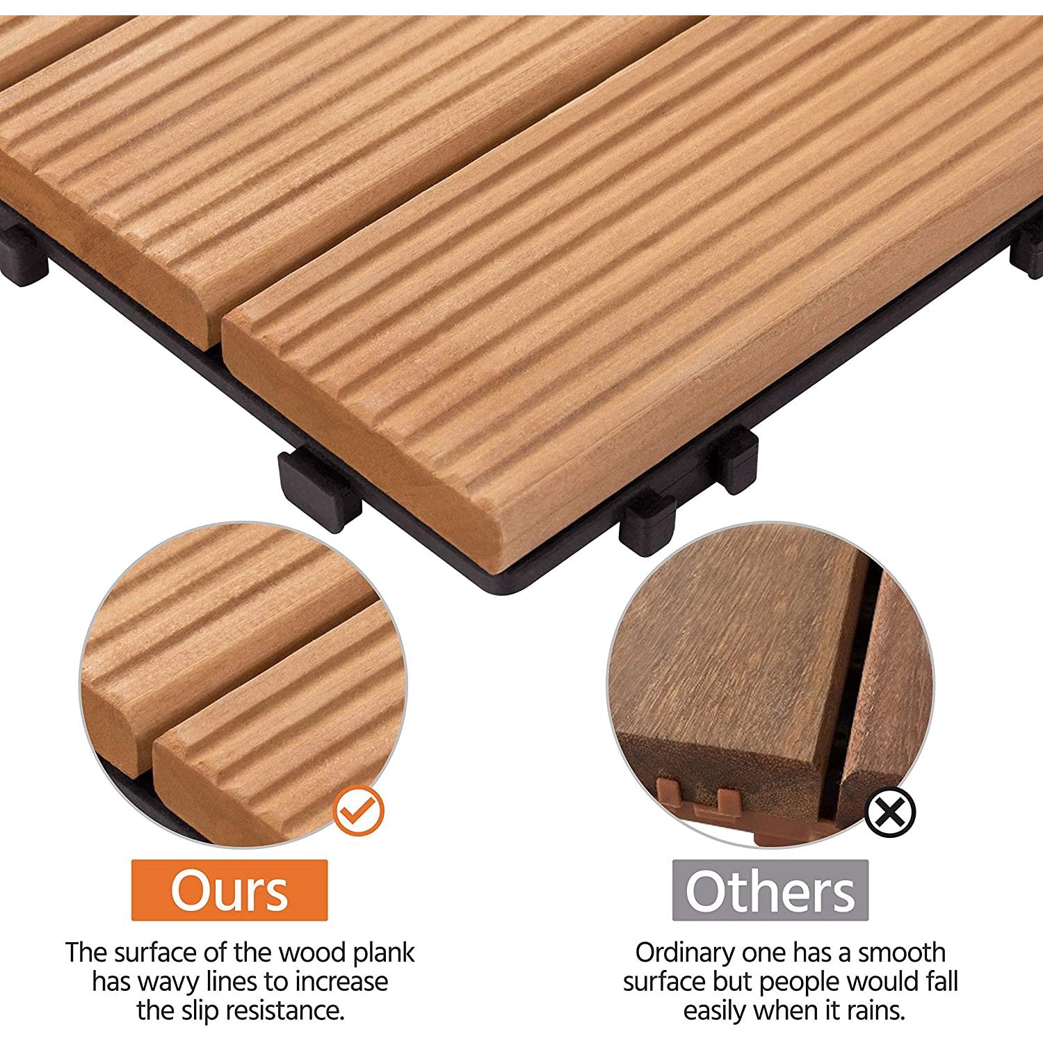 SUGIFT Patio Deck Tiles,12inx12in Interlocking Flooring Tiles in Solid Fir Wood Oiled Finish (Set of 27)