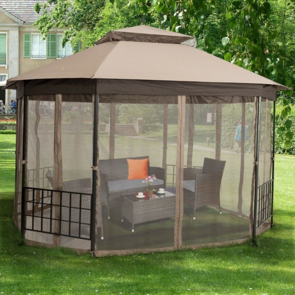 12 ft. x 10 ft. Brown Octagonal Patio Gazebo with Mosquito Net