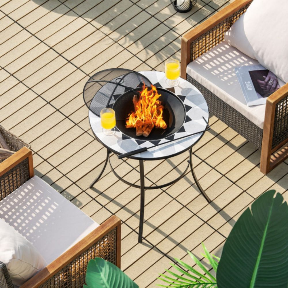 23.5 in. Outdoor Steel Fire Pit Dining Table with Mesh Cover and Fire Poker