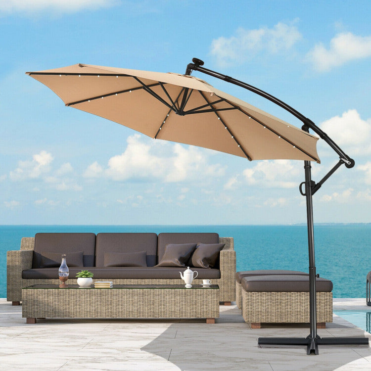 10 ft. 360-Degrees Rotation Aluminum Tilt Cantilever Patio Umbrella with LED Lights and Cross Base in Beige