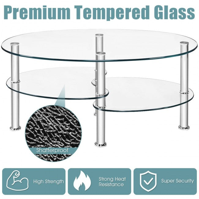 SUGIFT Tempered Glass Oval Side Coffee Table,Transparent