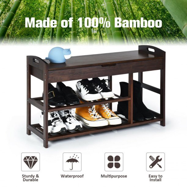 3-Tier Bamboo Shoe Organizer Bench Entryway Storage Rack