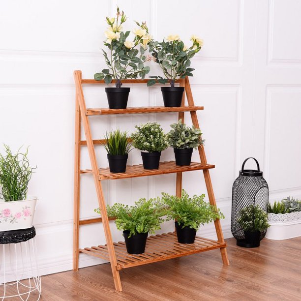 SUGIFT Plant Storage Shelf 3-tier Folding Bamboo Flower Shelf