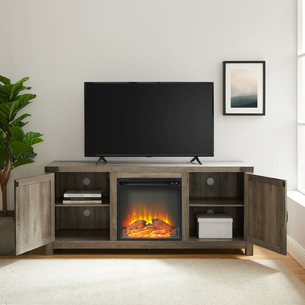 SUGIFT Modern Farmhouse Fireplace TV Stand for TVs up to 65inch, Grey Wash