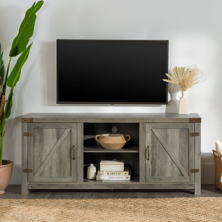 SUGIFT Modern Farmhouse Barn Door TV Stand for TVs up to 65inch, Grey Wash