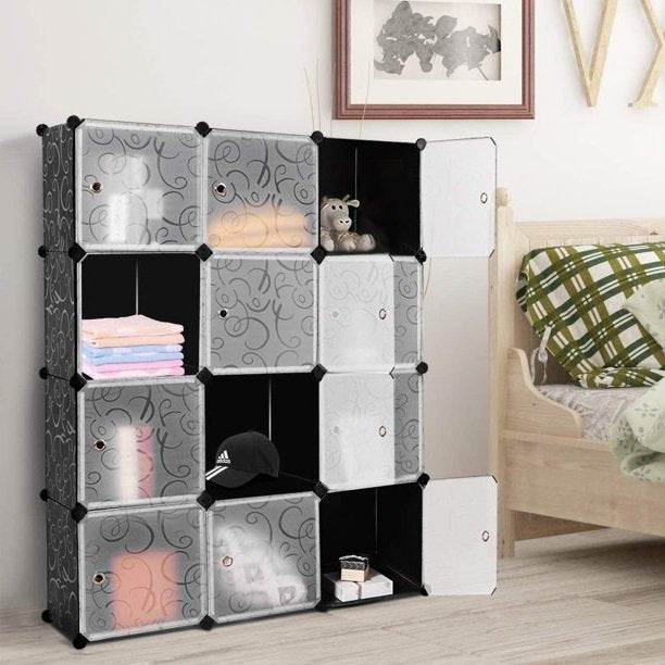 SUGIFT Cube Storage with Doors 12 Cube Organizer Bookcase Closet Storage  Shelves for Clothes, Black (3x4 Cubes)