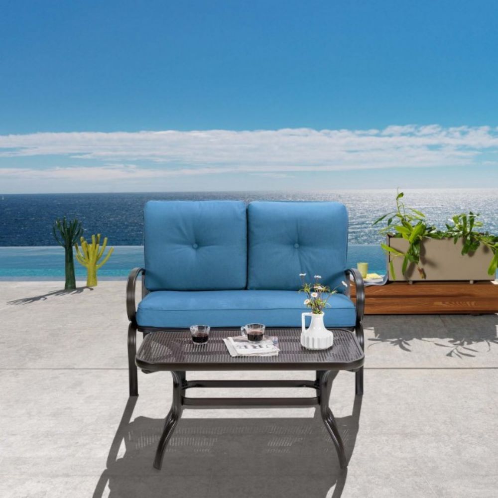 2-Piece Metal Outdoor Patio Fabric Loveseat and Table Set with Blue Cushion