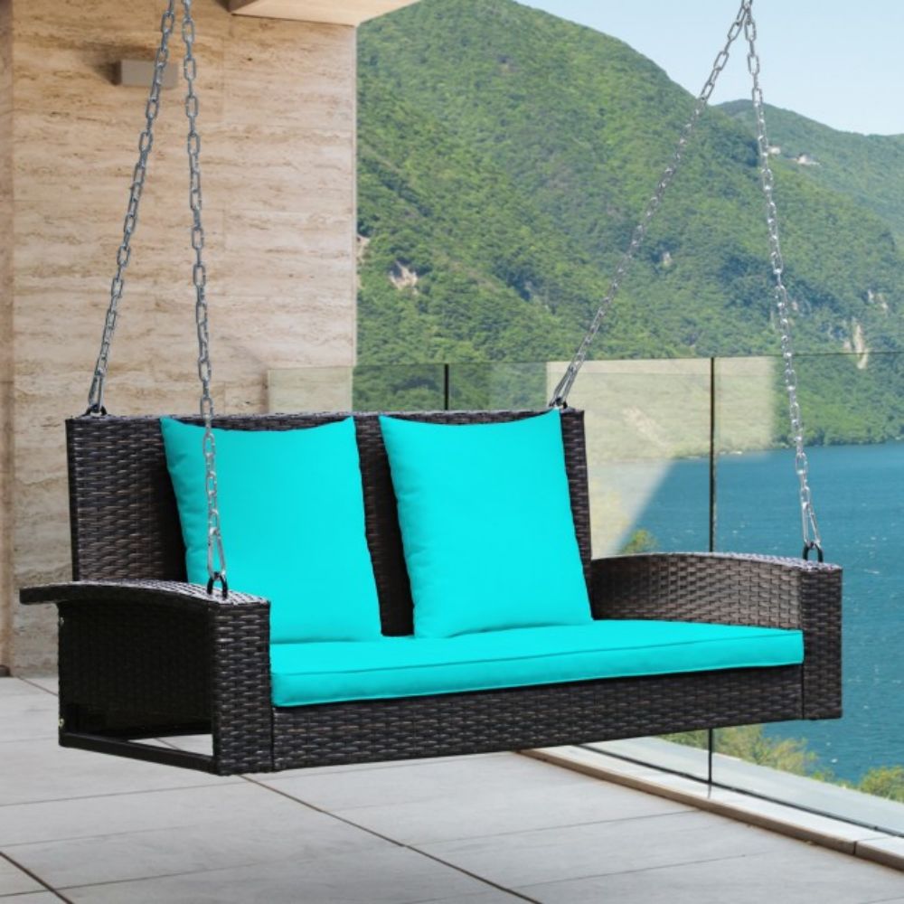 2-Person Brown Wicker Patio Porch Swing with Turquoise Cushions