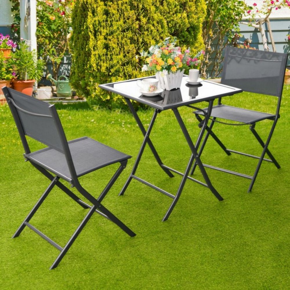 3 Piece Metal Outdoor Patio Conversation Set Garden Backyard Table Chairs Furniture Set with Folding Table