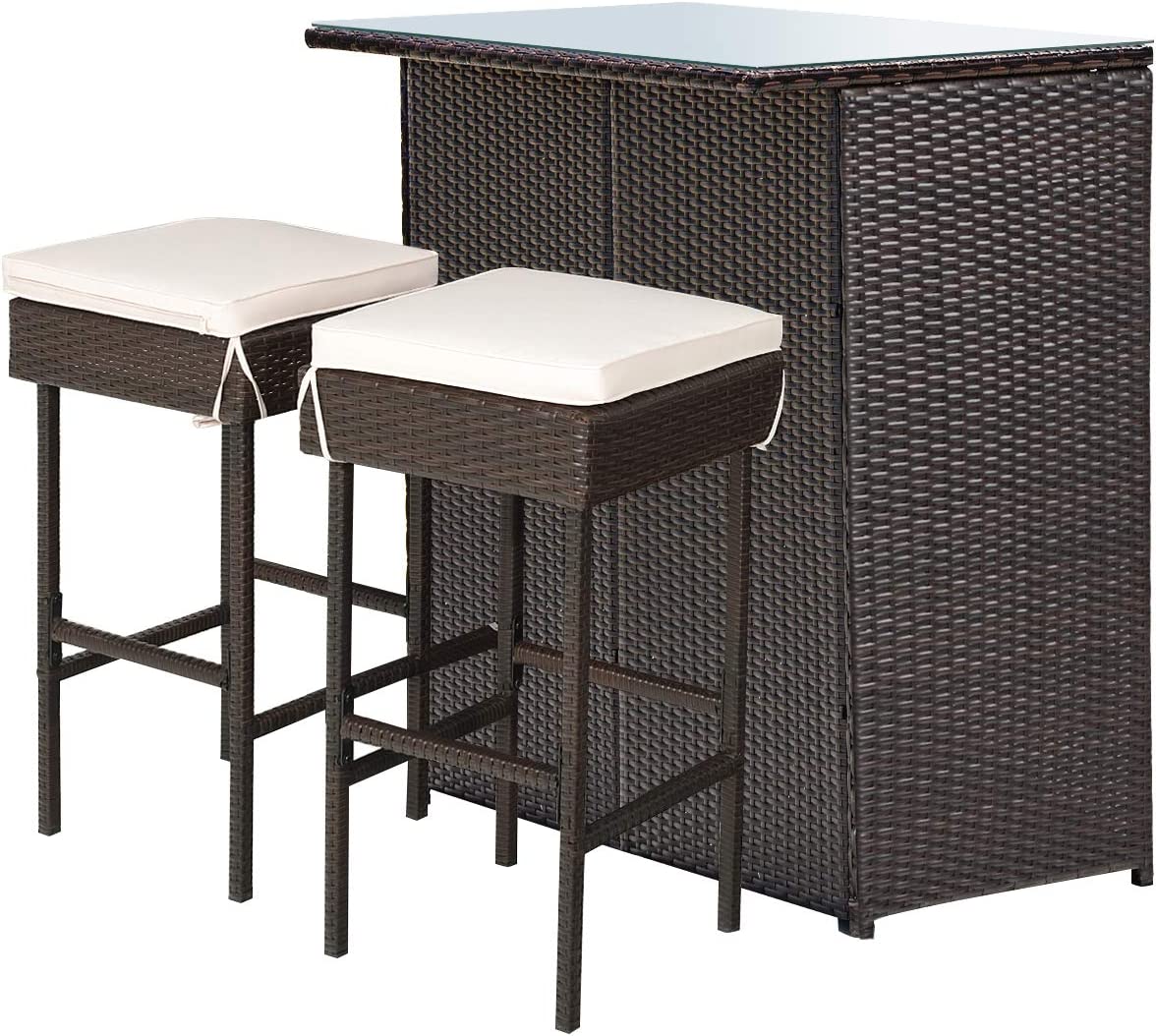 Wicker Outdoor Bar Patio Table with White Cushioned Stools (3-Pieces)