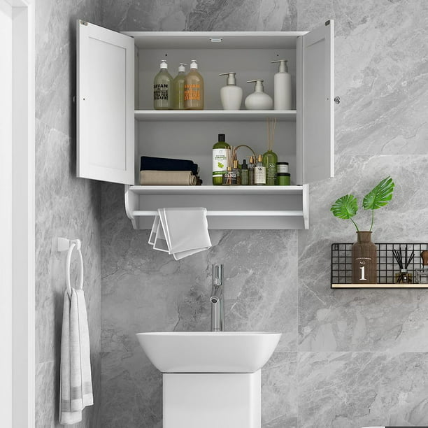 SUGIFT Bathroom Cabinet Wall Mounted, Bathroom Medicine Cabinet with Bar & Double Door