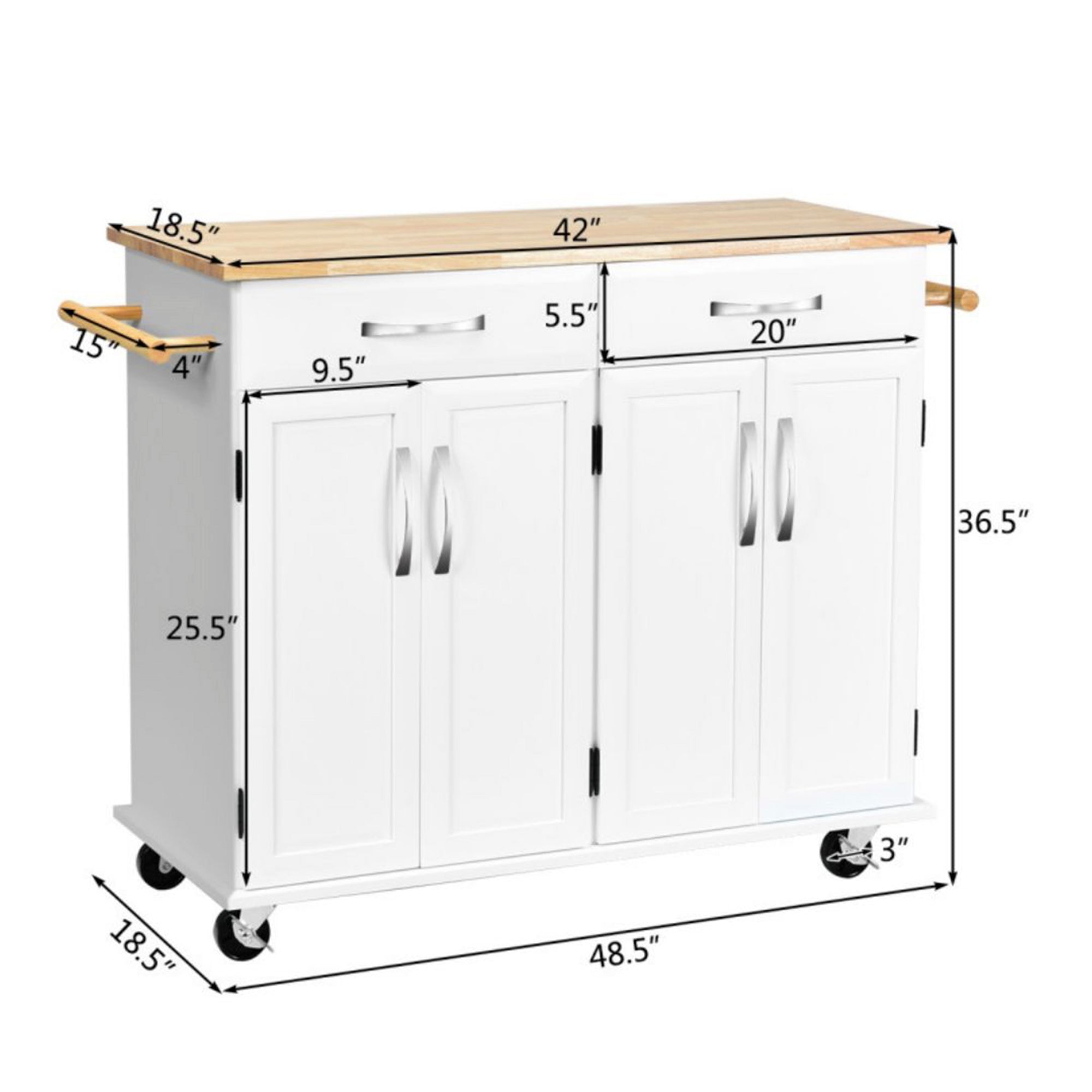 White Rolling Kitchen Cart with Towel Rack and Wood Table Top