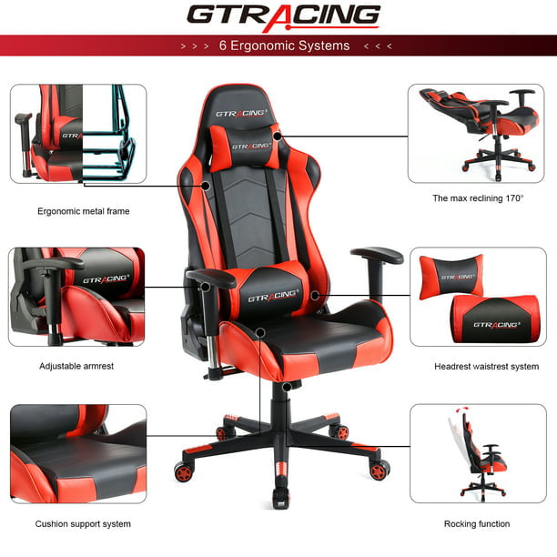 SUGIFT Gaming Chair Office Chair PU Leather with Adjustable Headrest and Lumbar Pillow, Red