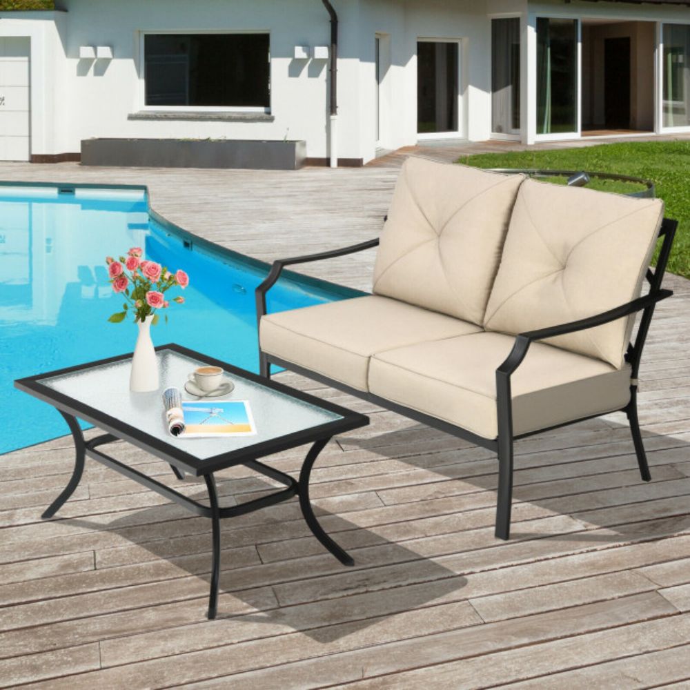 2-Pieces Metal Patio Outdoor Loveseat Set Cushioned Sofa Bench with Coffee Table and Beige Cushions