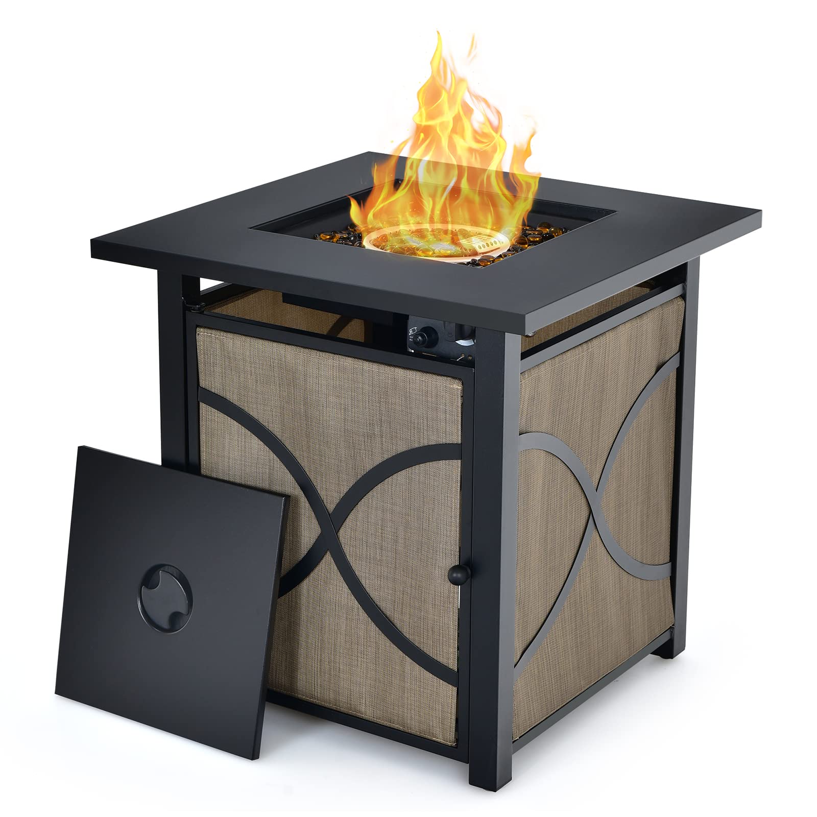 25 in. W x 25 in. H Square Steel Propane Fire Pit Table with Lid and Fire Glass