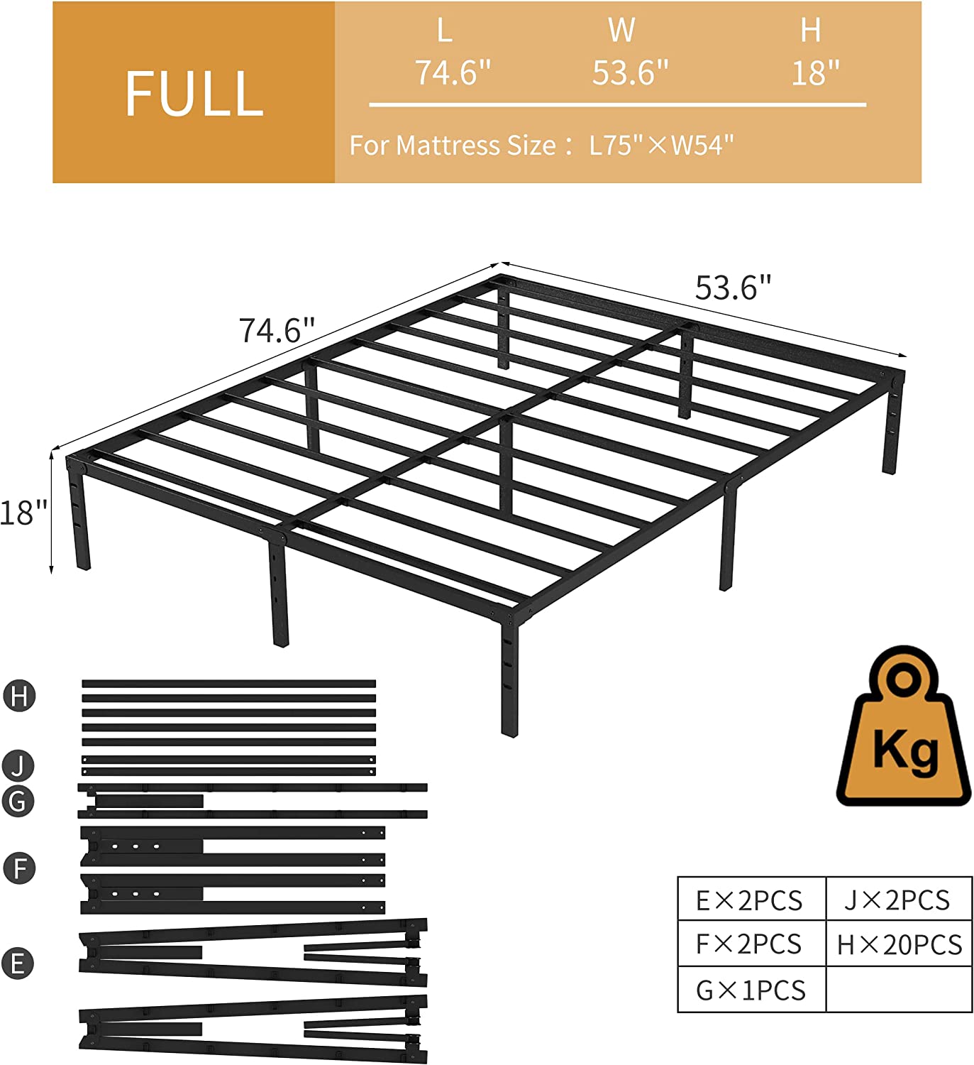 SUGIFT Full Bed Frame, 14 Inch Metal Platform Bed Frame