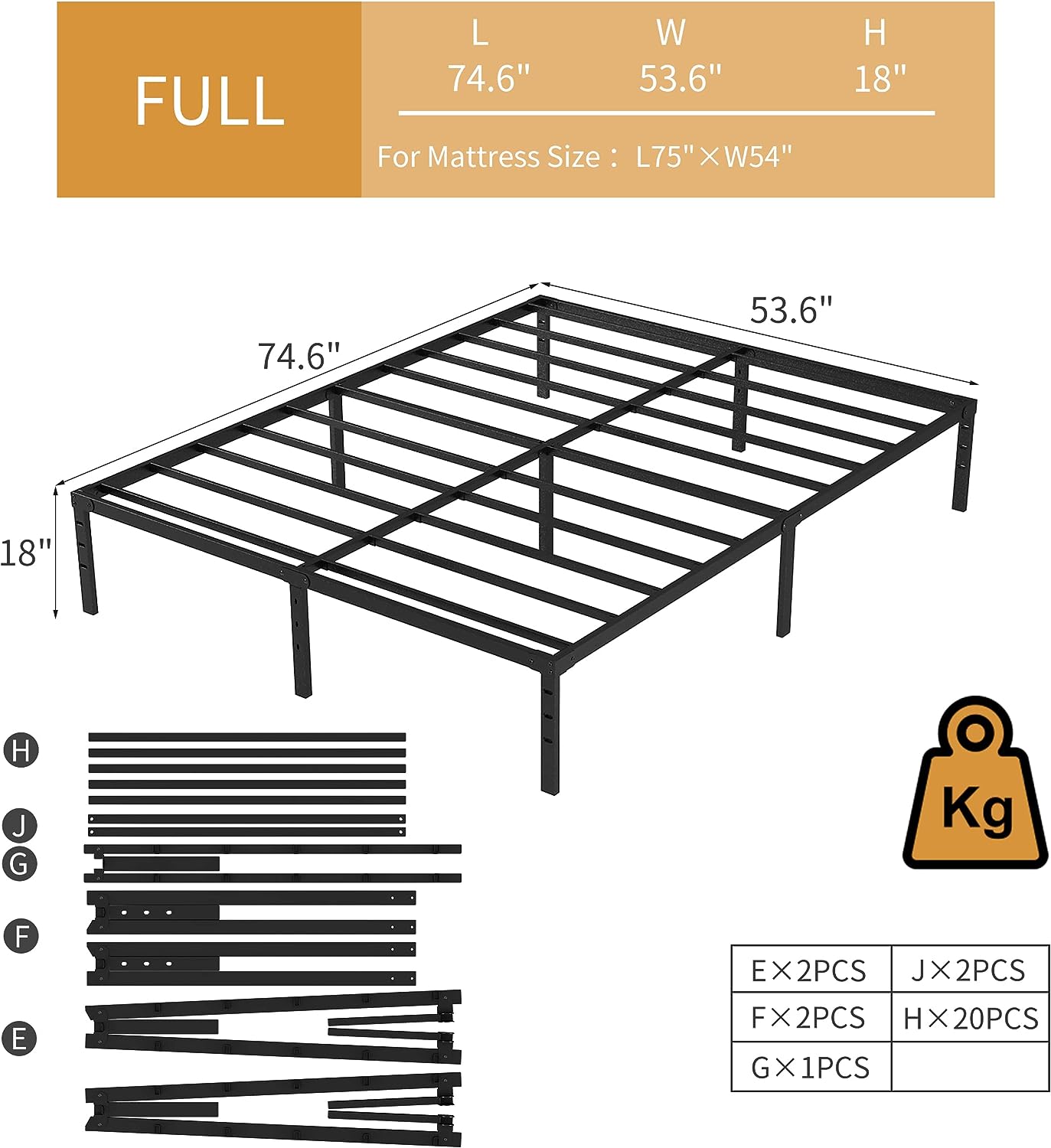 SUGIFT Full Bed Frame, 14 Inch Metal Platform Bed Frame