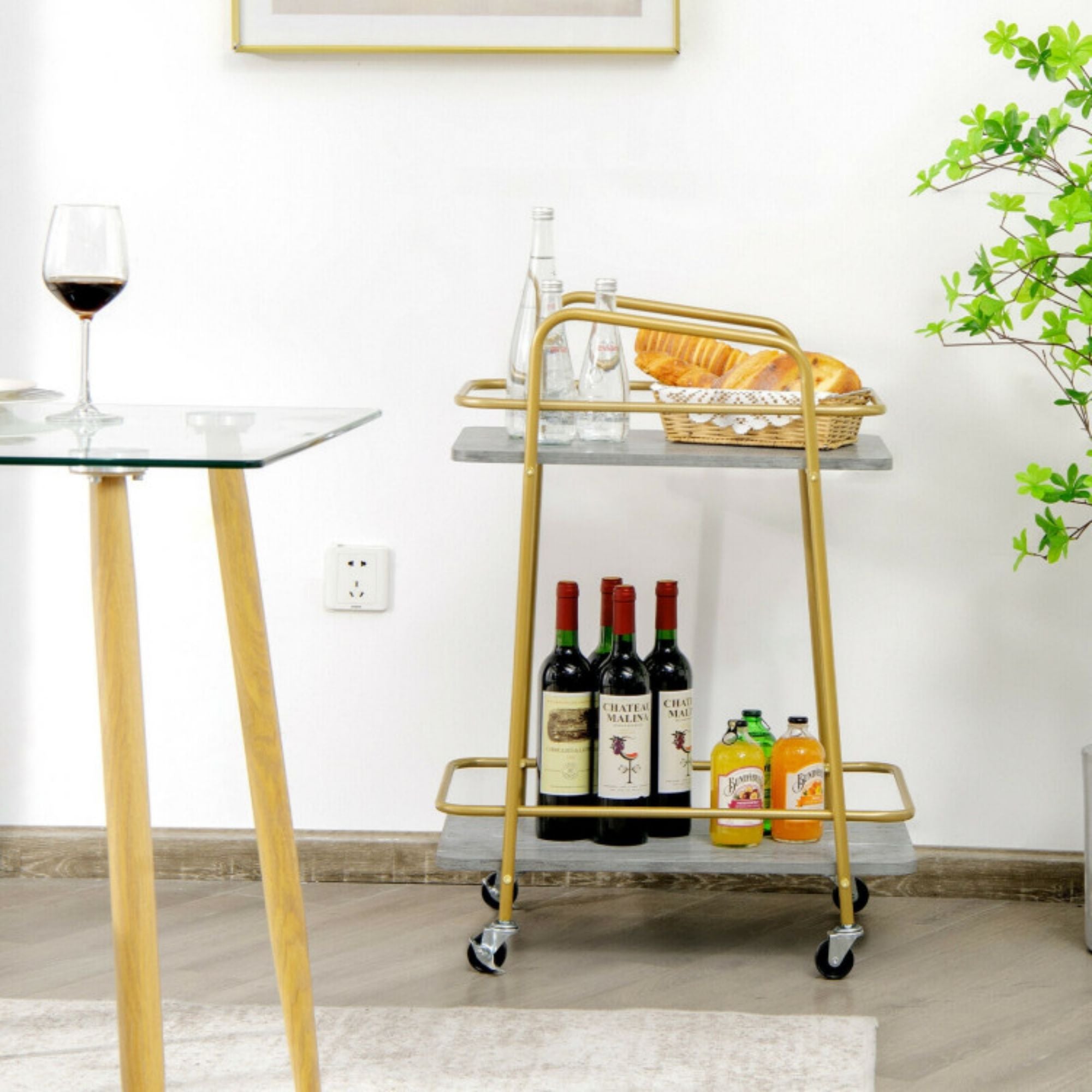 2-Tier Gray Kitchen Rolling Cart with Steel Frame and Lockable Casters