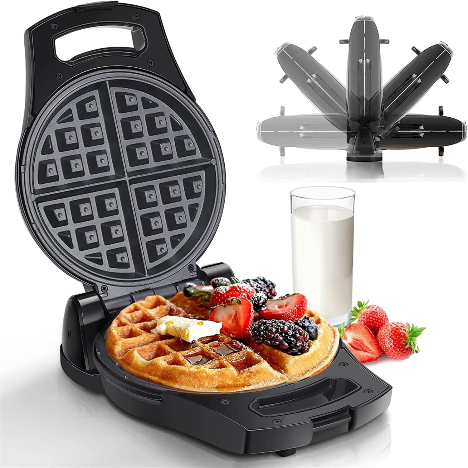 Waffle Maker, 8 Inch Flip Waffle Irons with Non-Stick Surfaces, 900W Waffle Makers with Temperature Control, 4 Slice, Black, ETL Certificated, Aigostar