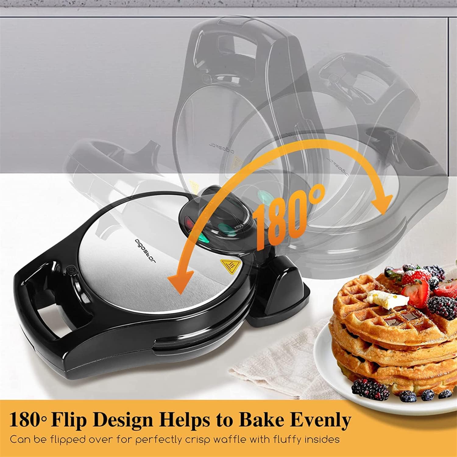 Waffle Maker, 8 Inch Flip Waffle Irons with Non-Stick Surfaces, 900W Waffle Makers with Temperature Control, 4 Slice, Black, ETL Certificated, Aigostar