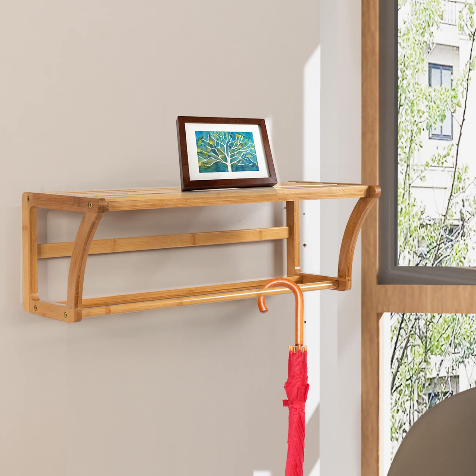 23.5 in. W x 8 in. H x 10 in. D Brown Bamboo Wall Mount Shelf and Towel Rack