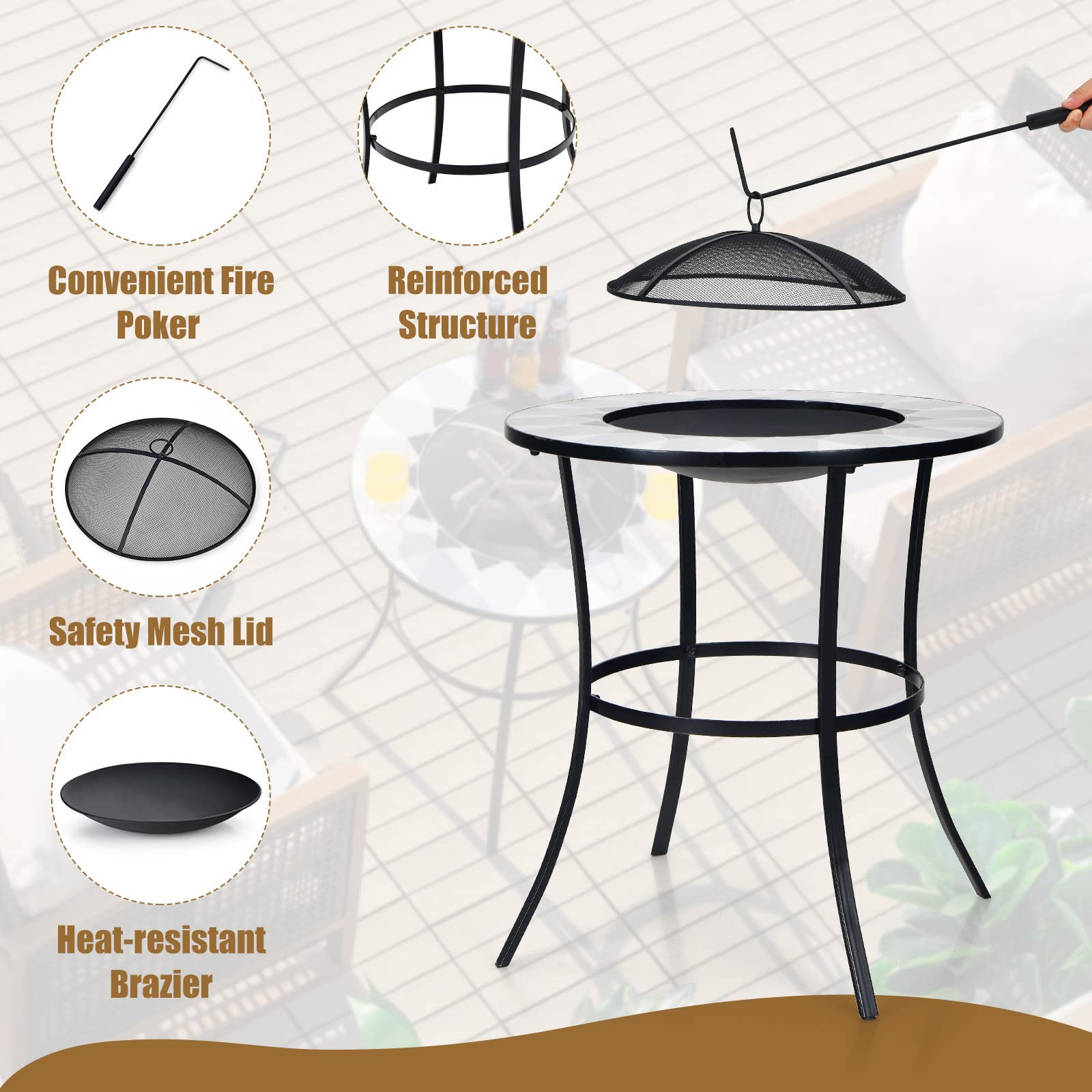 23.5 in. Round Metal Fire Pit in Black with Mesh Cover and Fire Poker