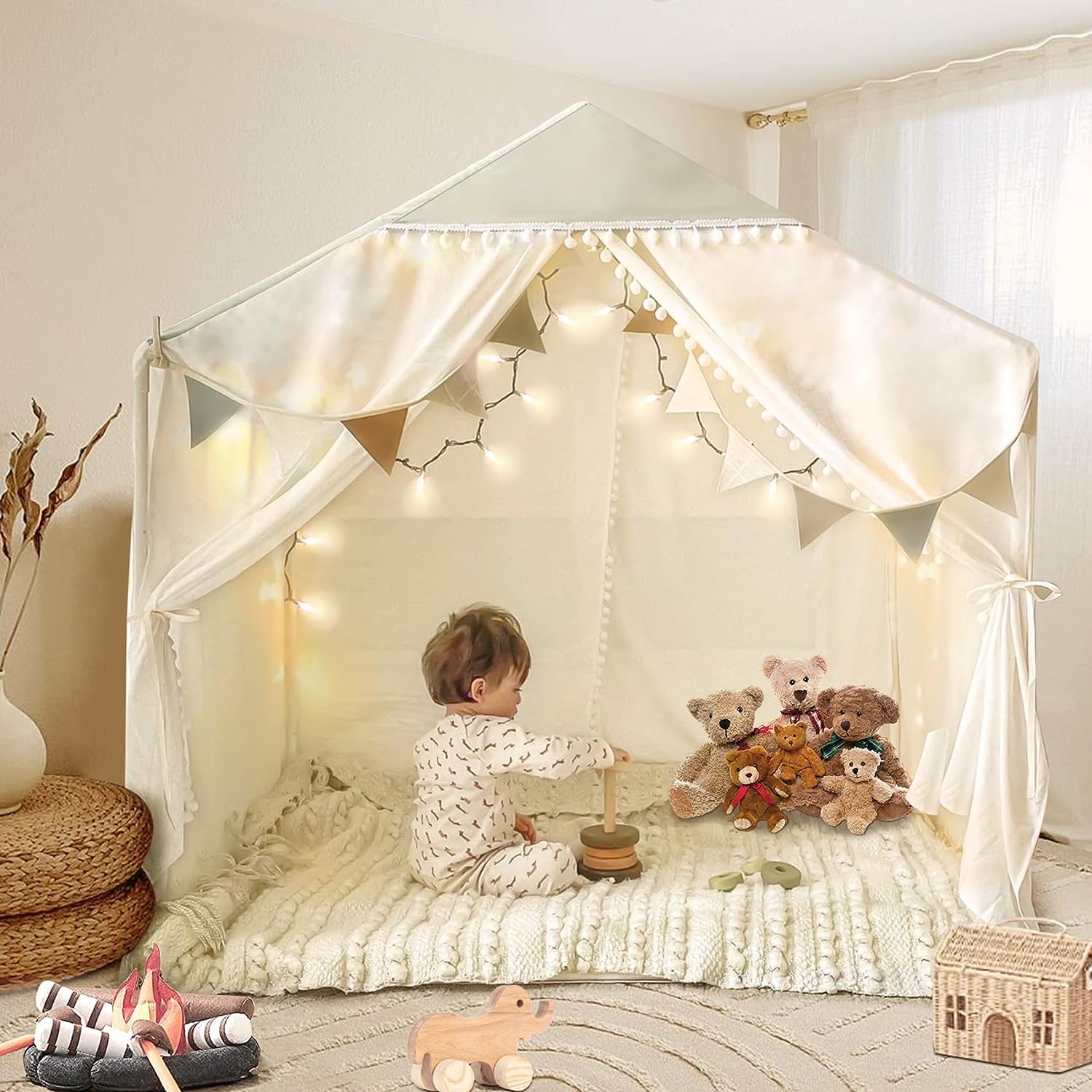 Large Kids Tent with Pompom, Kids Playhouse Indoor Outdoor with Mat and Star Lights, Play Tent for Kids Girls Boys, Toddler Tent Boho Tent Machine Washable