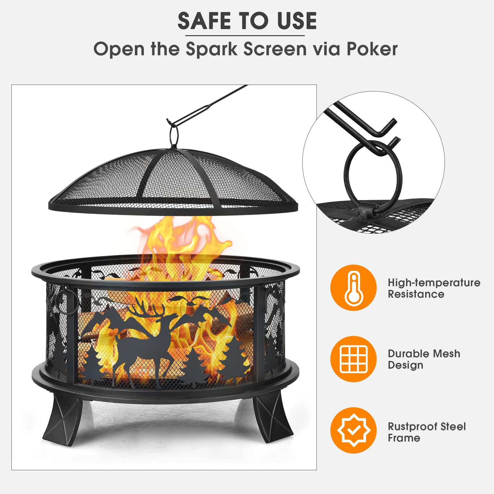 26 in. Steel Fire Pit in Black with Spark Screen and Poker