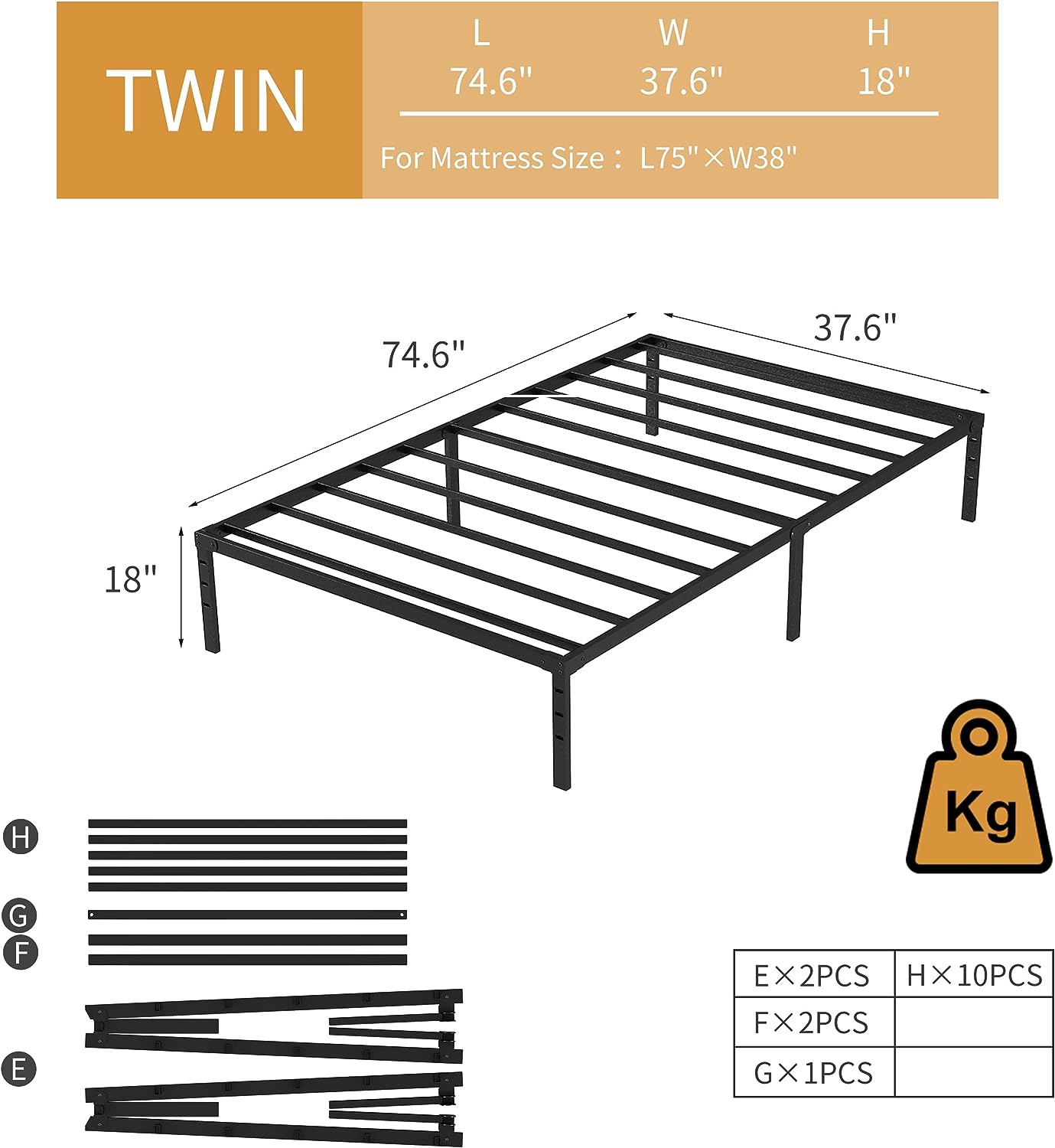 SUGIFT Twin Bed Frame, 14 Inch Metal Platform Bed Frame