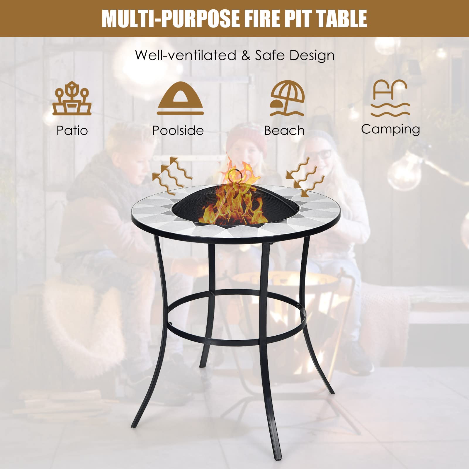 23.5 in. Round Metal Fire Pit in Black with Mesh Cover and Fire Poker