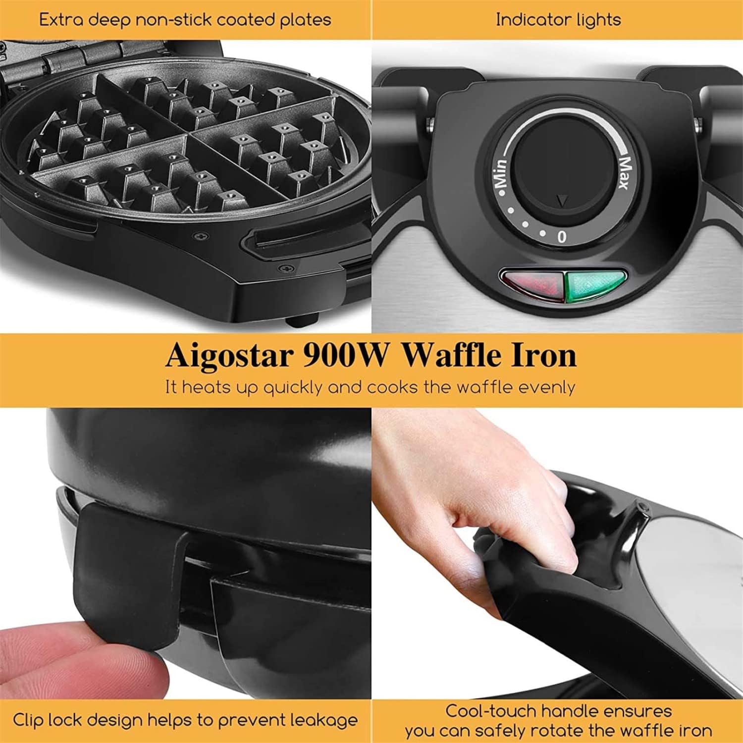 Waffle Maker, 8 Inch Flip Waffle Irons with Non-Stick Surfaces, 900W Waffle Makers with Temperature Control, 4 Slice, Black, ETL Certificated, Aigostar