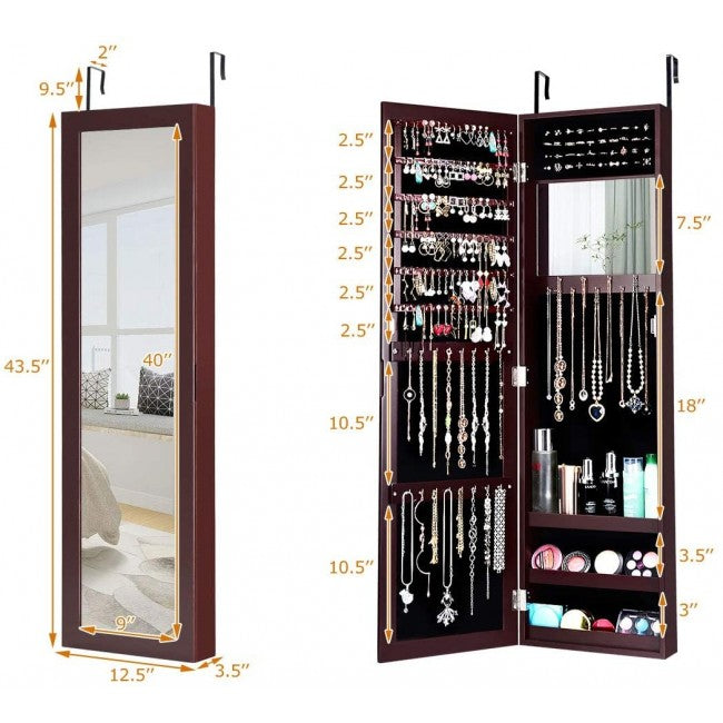 SUGIFT Wall Door Mounted Mirrored Jewelry Cabinet Storage Organizer,Coffee