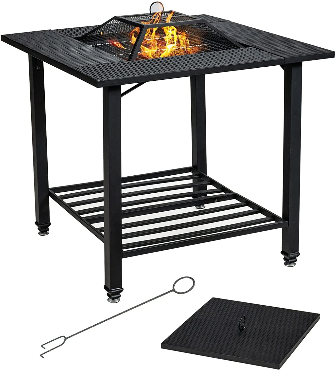 31 in. Metal Square Outdoor Fire Pit in Black with Cooking BBQ Grate
