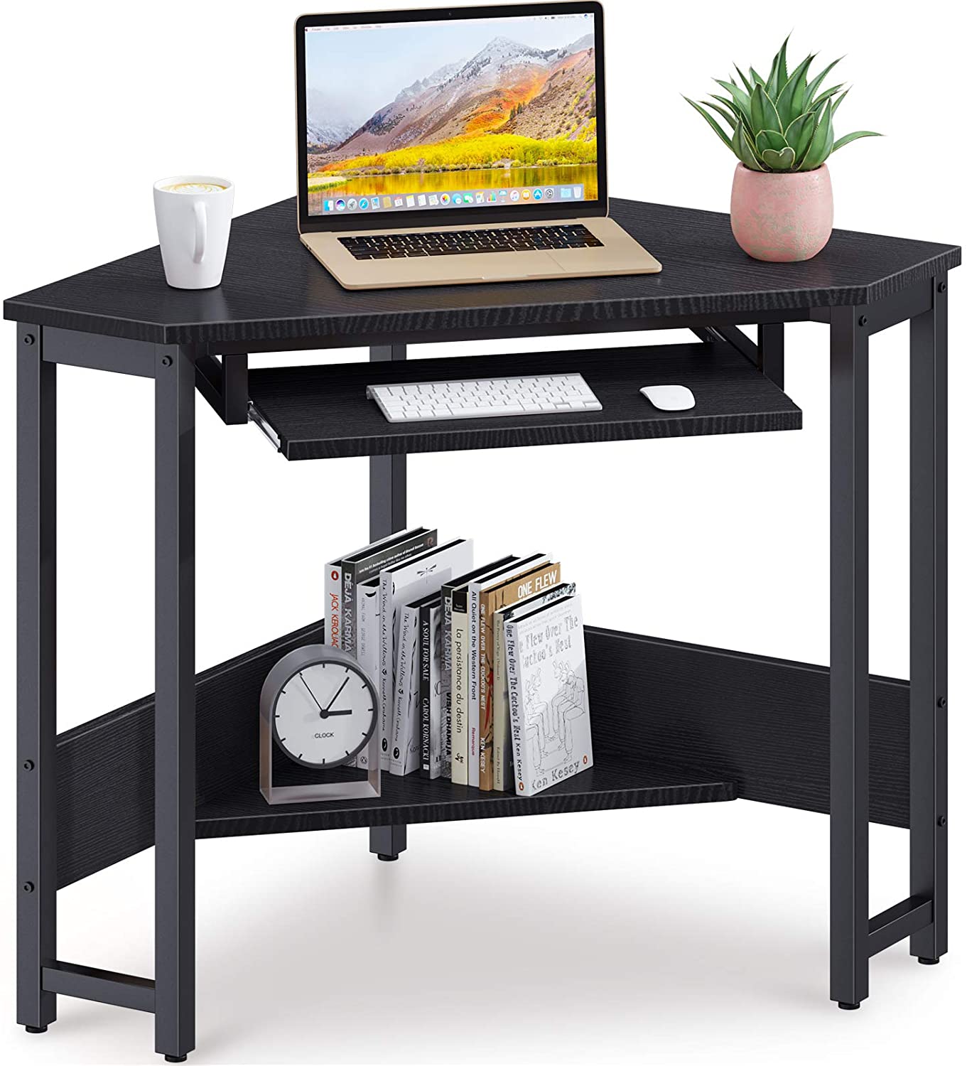 SUGIFT Triangle Computer Desk,Corner Computer Desk Laptop Writing Table Wood Workstation Home Office Furniture,Smooth Keyboard Tray& Storage Shelves,hps,28.34inL 24inW 30.11inH,Black