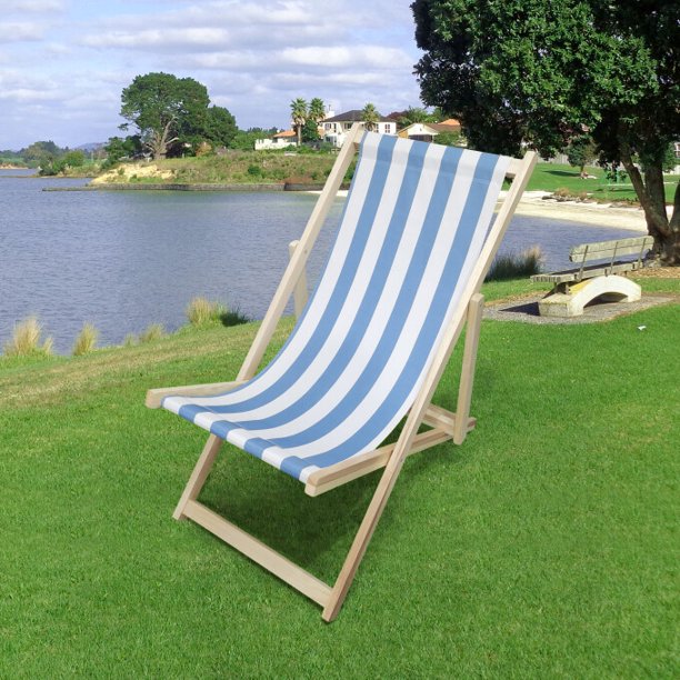 SUGIFT Beach Sling Chair, Lounge Striped Chair Outdoor, Reclining Beach Chair, Wooden Folding Adjustable Patio Chair, Light Blue