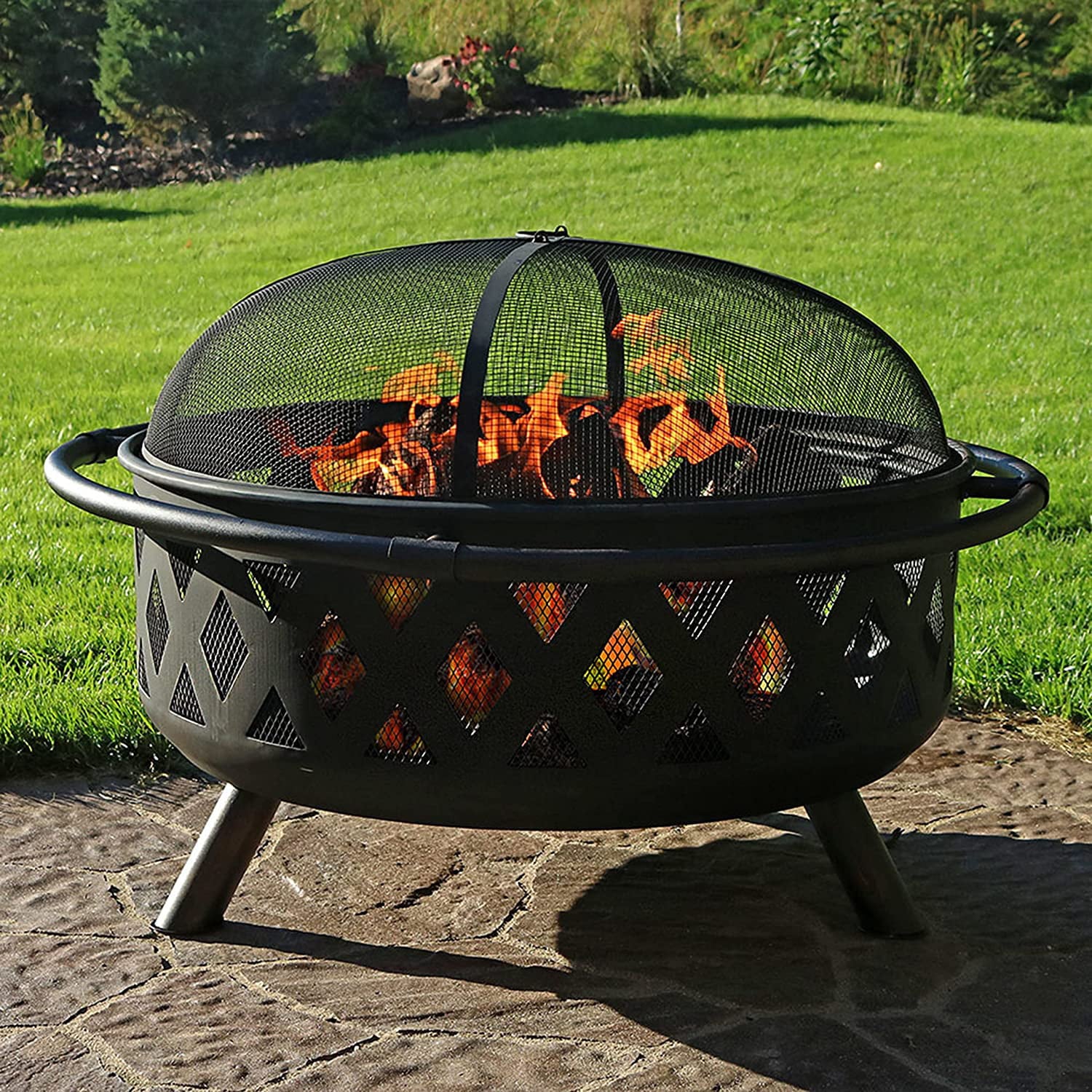 Black Crossweave Large Outdoor Fire Pit -36-Inch Heavy-Duty Wood-Burning Fire Pit with Spark Screen for Patio Backyard Bonfires - Includes Poker Round Fire Pit Cover