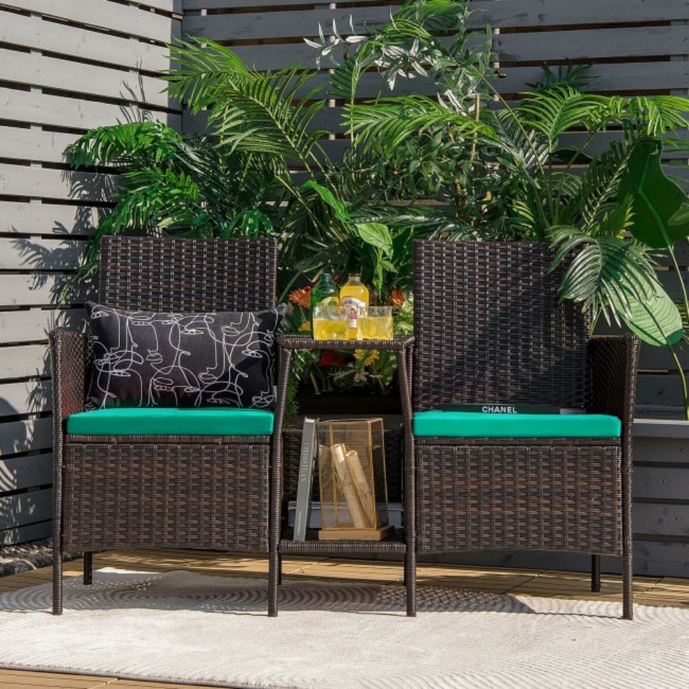 1-Piece Patio Rattan Wicker Conversation Loveseat Set with Turquoise Cushions and Glass Table